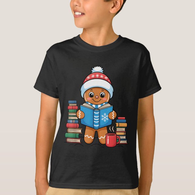 Bookish Gingerbread Reading Books Christmas Pajama T-Shirt (Vorderseite)