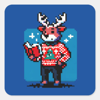 Booklet Reindeer - Cosy Pixel Art Christmas Design Quadratischer Aufkleber