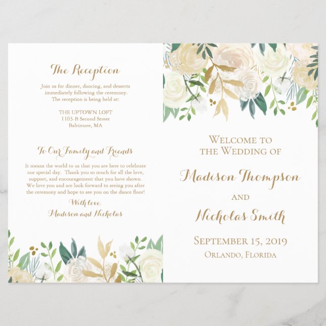 Booklets zum Hochzeitsprogramm für Gold und Weiße  (Vorne)