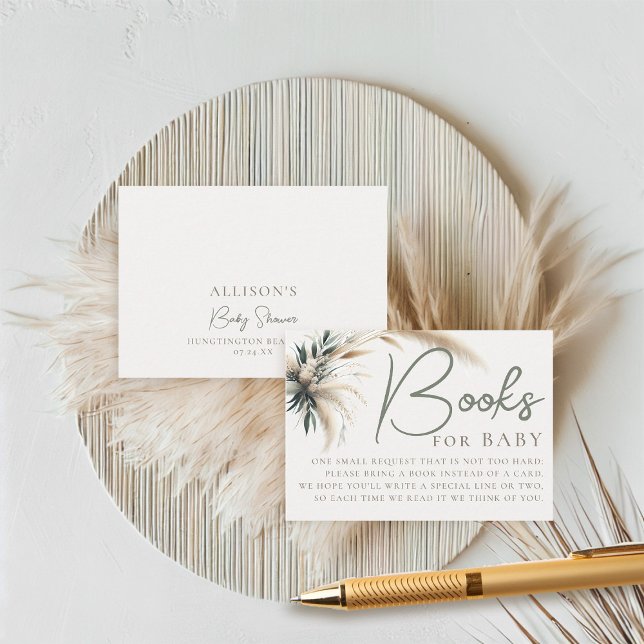 Books Baby Shower Boho Pampas Grüne neutral Begleitkarte (boho baby shower books for baby card pampas greenery watercolor sage green beige neutral)