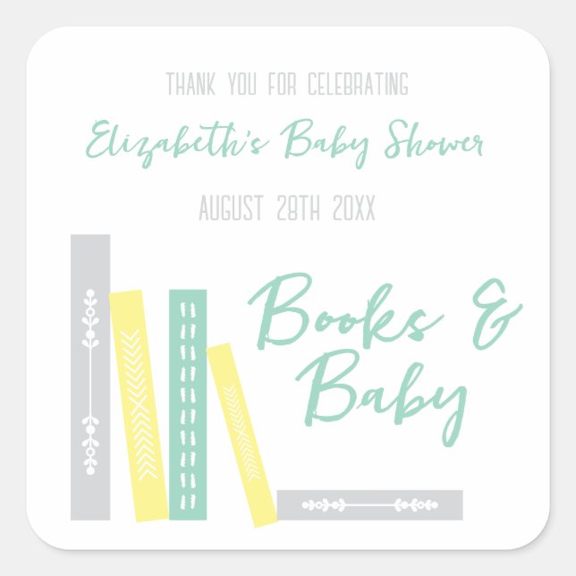Books Baby Shower Quadratischer Aufkleber (Vorderseite)