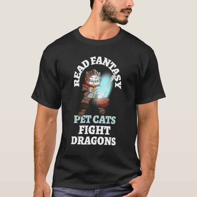 Books Cats Dragons Funny Knight BookFantasy Bi T-Shirt (Vorderseite)