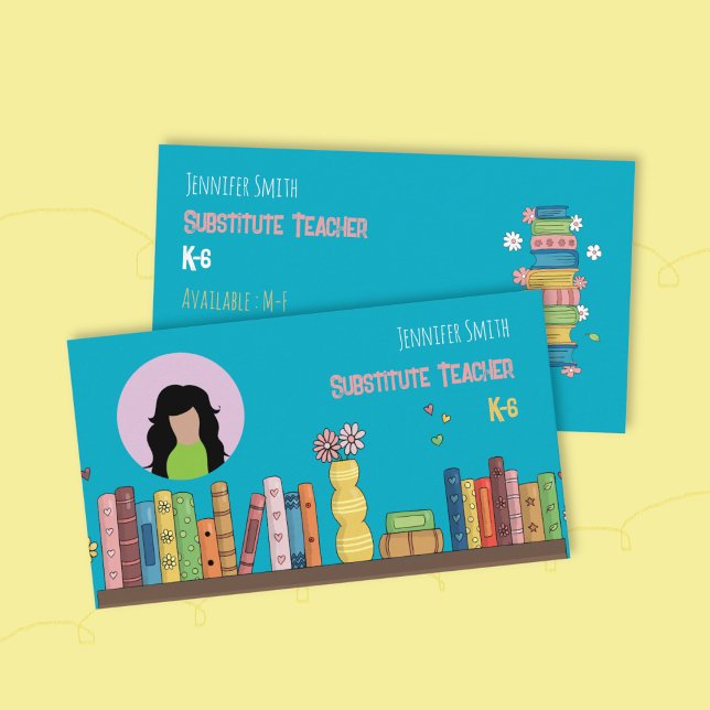 Books Tutor Teal Business Card with Photo Visitenkarte (Watercolor bookshelf teal double-sided teacher business card with photo .)