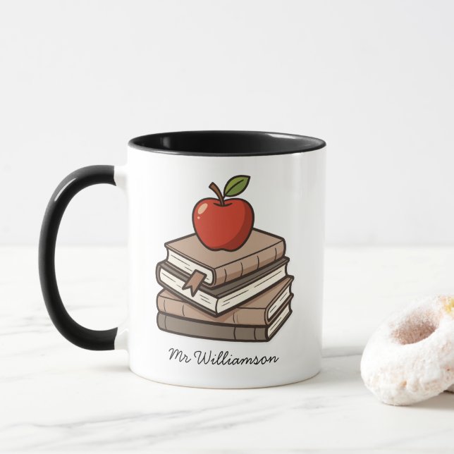 Bookstack and Apple Personalized Teacher Tasse (Mit Donut)