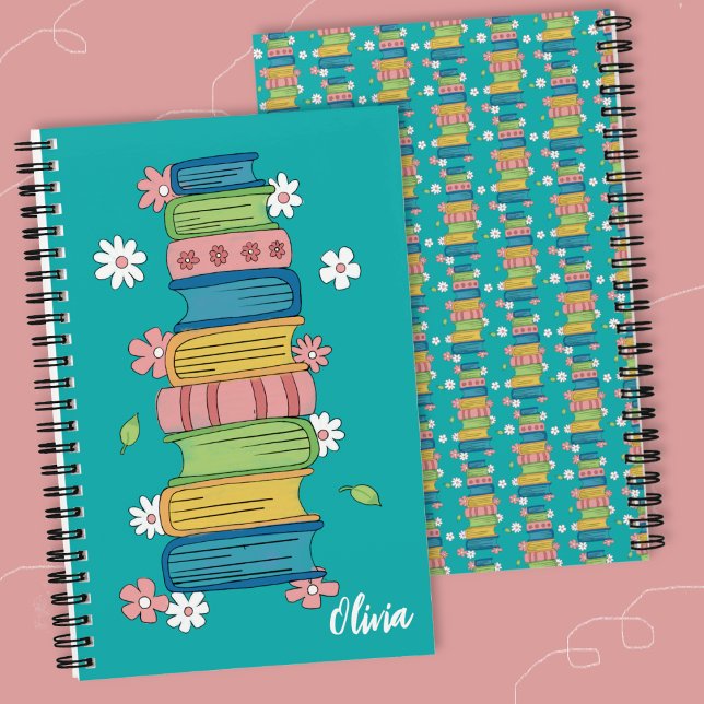 Bookstack und Blume Aquamarines SpiralNotebook kid Notizbuch (Books and little flowers spiral notebook .)