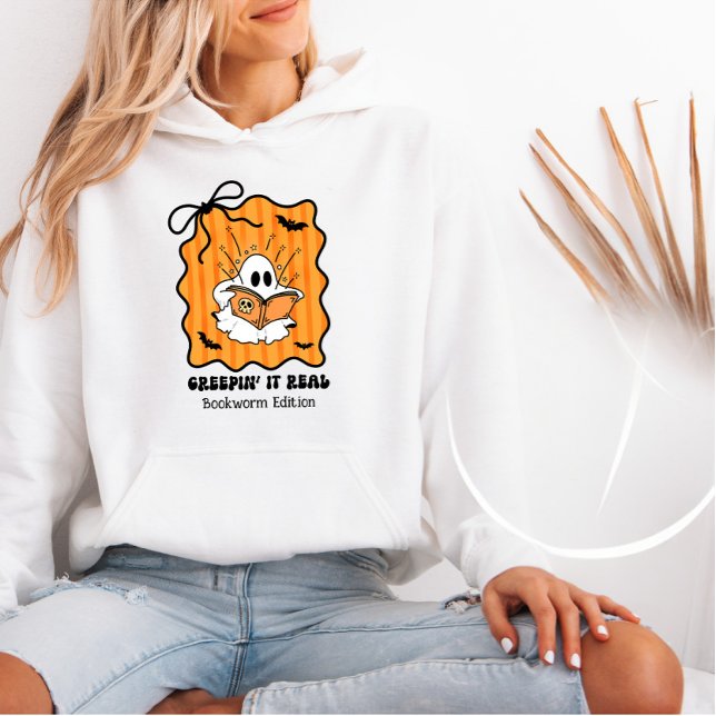 Bookworm Ghost Reading Retro Bow Creepin' It Real Hoodie (Von Creator hochgeladen)