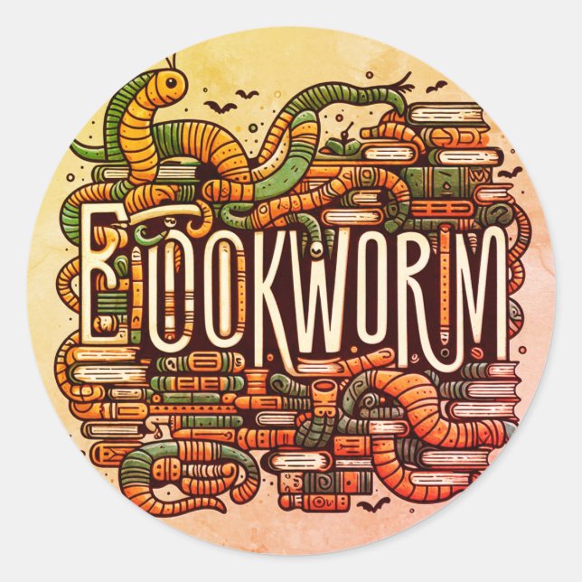 Bookworm - Niedliche Word Art Runder Aufkleber (Vorderseite)