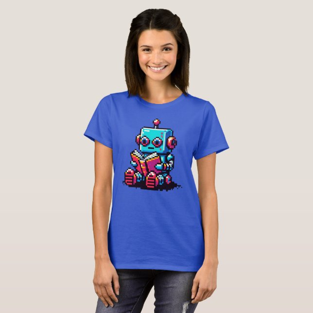 Bookworm Robot - Pixel Art SciFi Reading Design T-Shirt (Vorne ganz)