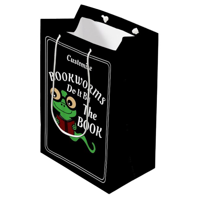 Bookworm Spaß Black Custom Mittlere Geschenktüte (Vorderseite Schrägansicht)