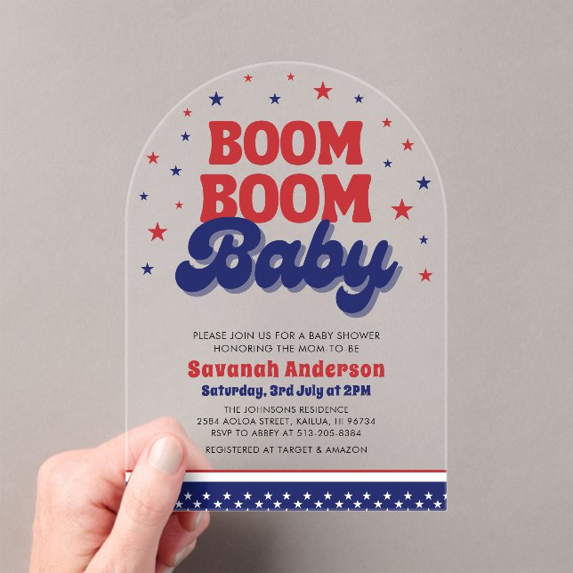 Boom Boom Baby 4. Juli Patriotic Baby Dusche Acryleinladungen (Insitu (Handheld))