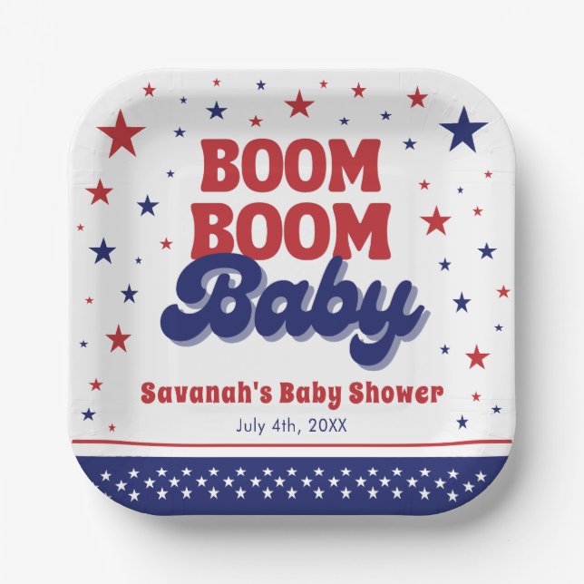 Boom Boom Baby 4. Juli Patriotic Baby Dusche Pappteller (Vorderseite)