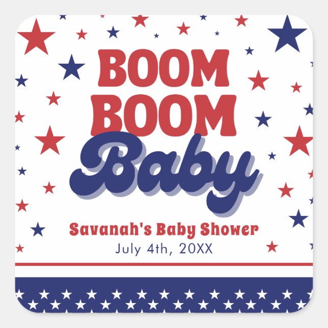 Boom Boom Baby 4. Juli Patriotic Baby Dusche Quadratischer Aufkleber (Vorderseite)