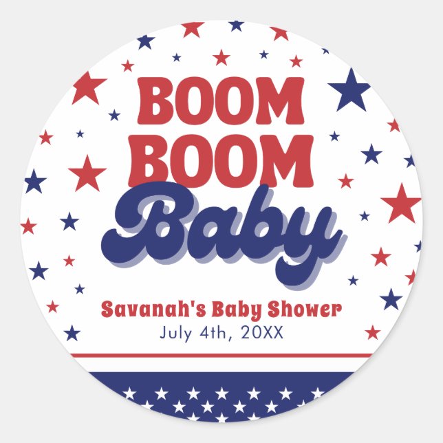 Boom Boom Baby 4. Juli Patriotic Baby Dusche Runder Aufkleber (Vorderseite)