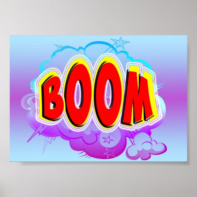 Boom Comic Art Word-Blase mit Blue Cartoon Explore Poster