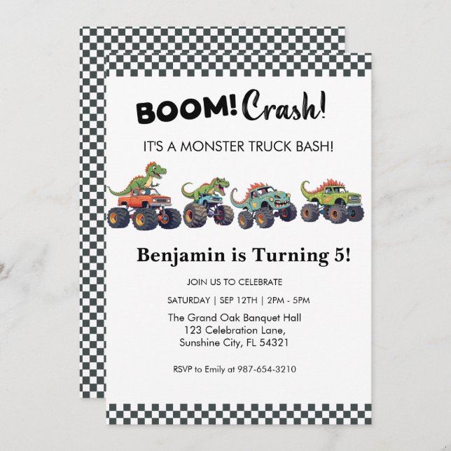Boom Crash, Monster Truck Geburtstag Einladung (Vorne/Hinten)
