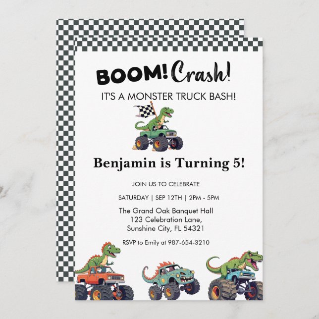 Boom Crash, Monster Truck Geburtstag Einladung (Vorne/Hinten)