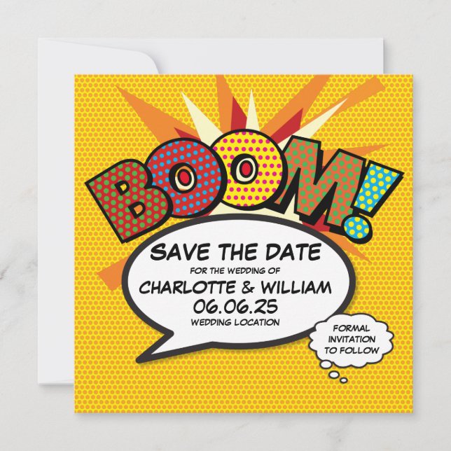 BOOM Save the Date Spaß Retro Comic Pop Kunst (Vorderseite)