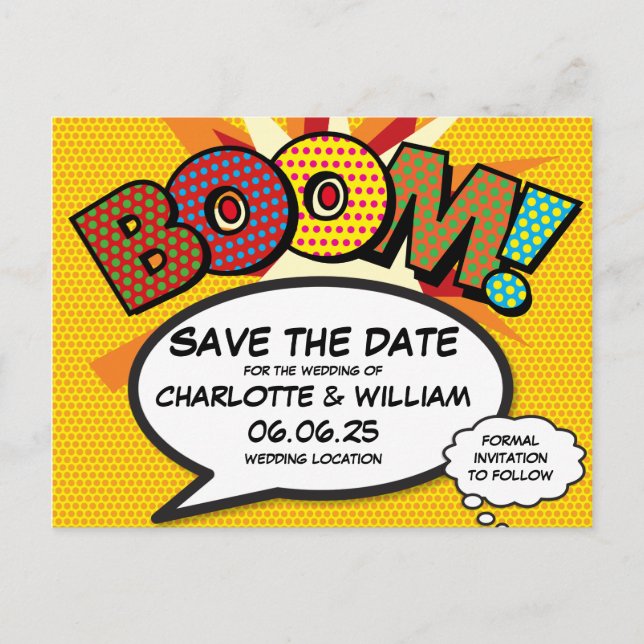 BOOM Save the Date Spaß Retro Comic Pop Kunst Ankündigungspostkarte (Vorderseite)