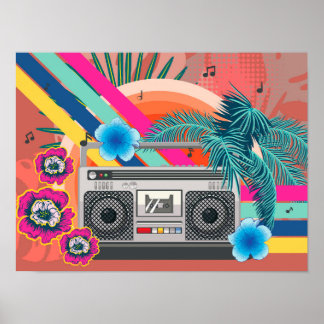 Boombox mit tropischen Blätter und Blume Poster