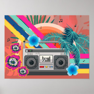 Boombox mit tropischen Blättern und Blumen Poster