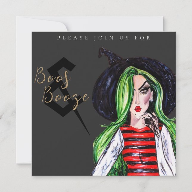 Boos and Booze Halloween Witch Party Invitation Einladung (Vorderseite)