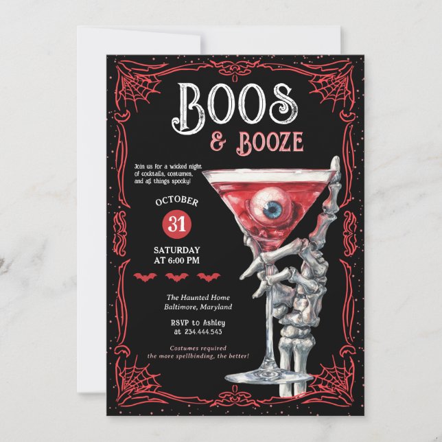Boos & Booze Red Spooky Costume Halloween Party Einladung (Vorderseite)