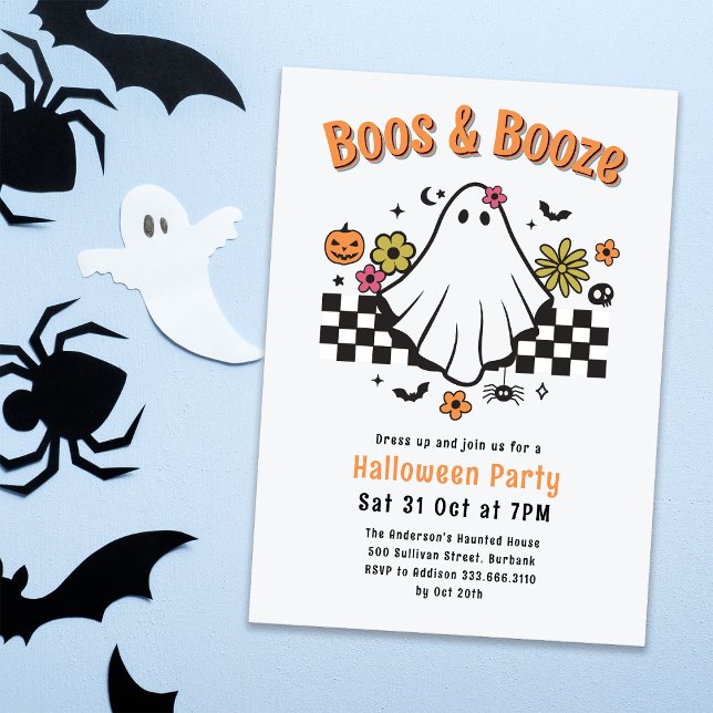 Boos & Booze Retro Ghost Halloween Party Einladung (Von Creator hochgeladen)