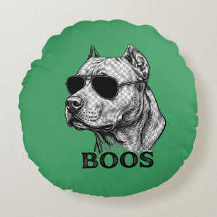 BOOS Pitbull mit Sonnenbrille Tinten-Skizzen-Tatto Rundes Kissen