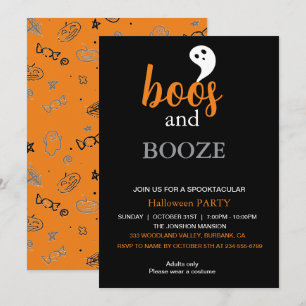 Boos und Booze Black Orange Adult Halloween-Party Einladung
