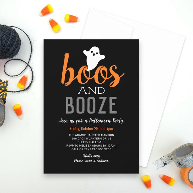 Boos und Booze Black Orange Adult Halloween-Party Einladung (Von Creator hochgeladen)