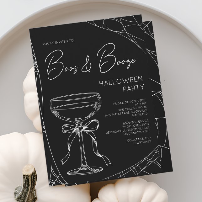 Boos und Booze Black Script Adult Halloween-Party Einladung (Boos and Booze Black Script Adult Halloween Party Invitation)