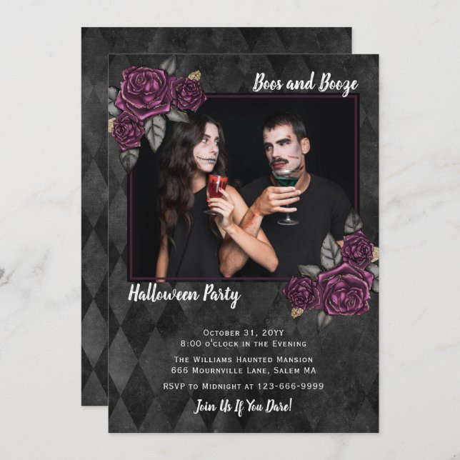 Boos und Booze Gothic Rose Foto Halloween Einladung (Vorne/Hinten)
