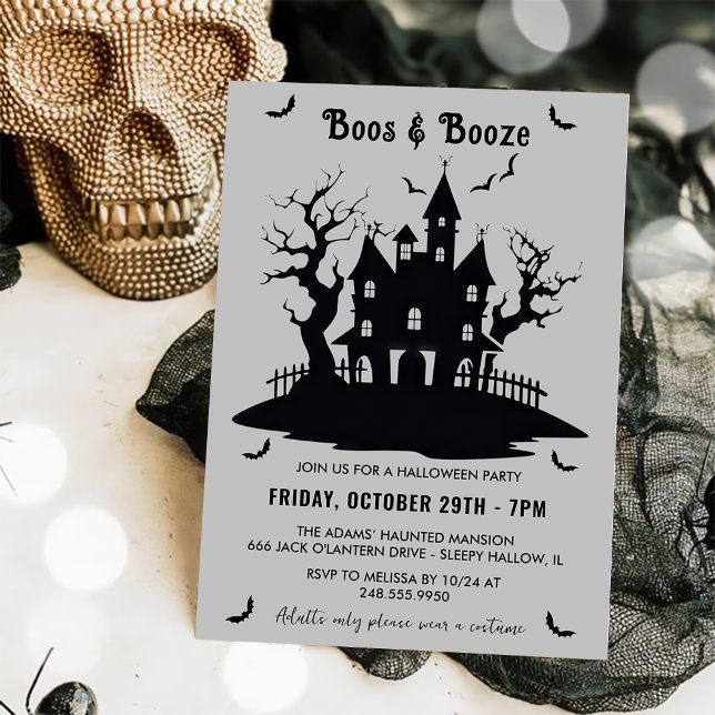 Boos und Booze Graues Halloween-Party Einladung (Von Creator hochgeladen)