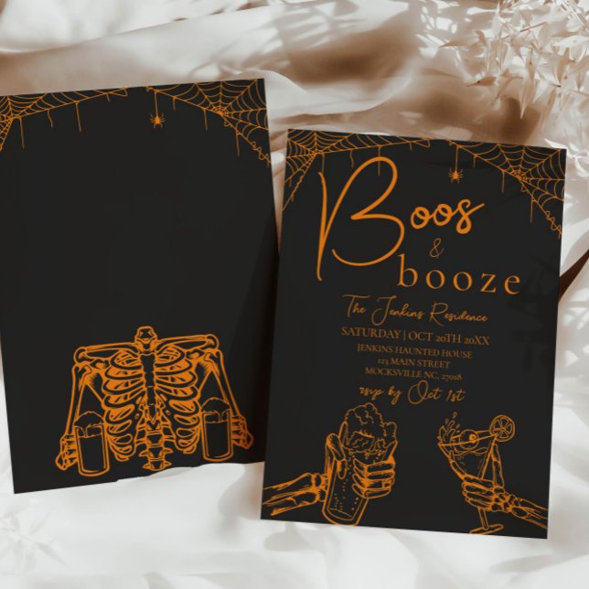 Boos und Booze Halloween Skelett Party Orange Einladung (Von Creator hochgeladen)