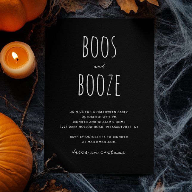 Boos und Booze | Schwarzes Minimalistisches Hallow Einladung (Von Creator hochgeladen)
