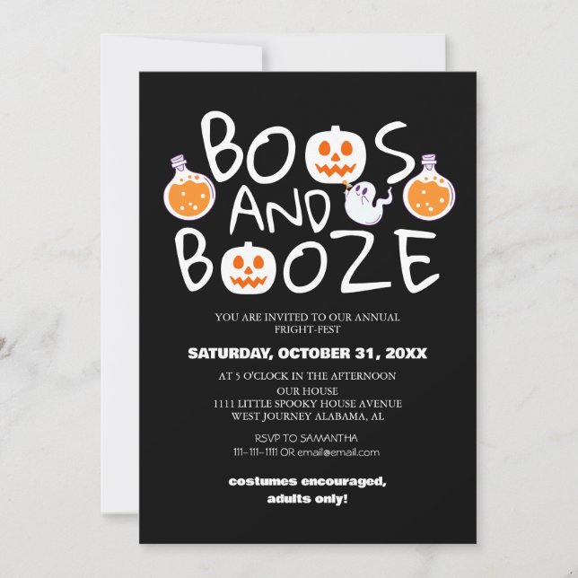 Boos und Booze Spooky Halloween Party Einladung (Vorderseite)