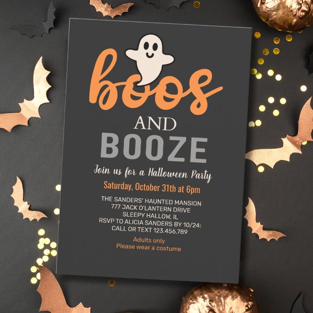Boos y Booze Black Adults Halloween Party Einladung (Von Creator hochgeladen)