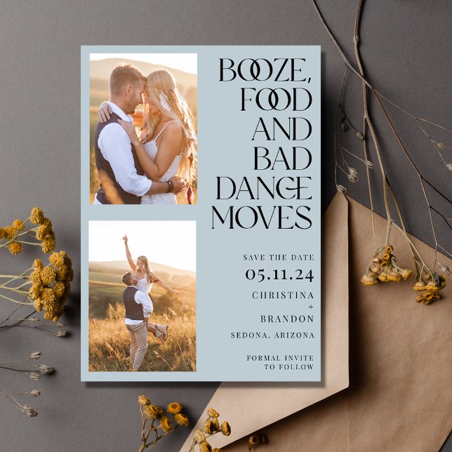 Boost Food Bad Dance Moves Foto Modern Save The Date (Booze Food Bad Dance Moves Photo Modern Save The Date)