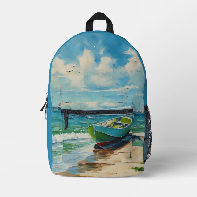 Boot Beach Blue Sea Backpack Bedruckter Rucksack (Vorderseite)