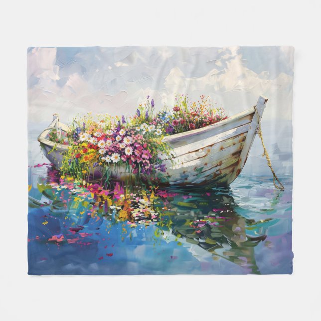 Boot mit farbenfrohen Wildblumen Fleecedecke (Vorderseite (Horizontal))