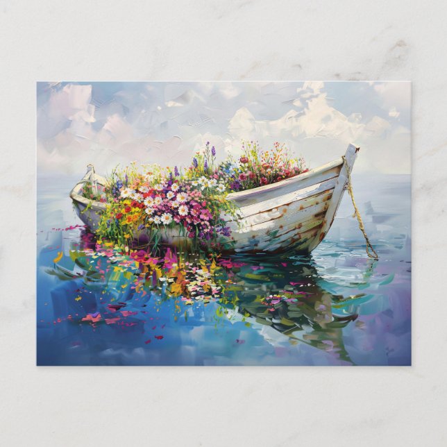 Boot mit farbenfrohen Wildblumen Postkarte (Vorderseite)