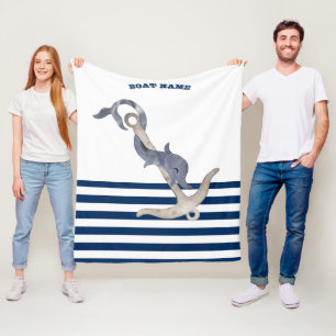 Boot Name, Anker Delfin Navy Blau Weiße Streifen Fleecedecke