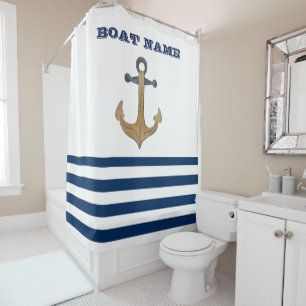 Boot Name, Retro Anker Navy Blau Weiße Streifen Duschvorhang