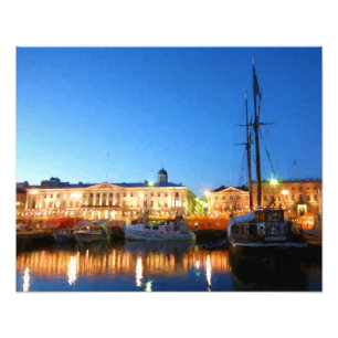 Boote am Helsinki Market Square im Abend Fotodruck