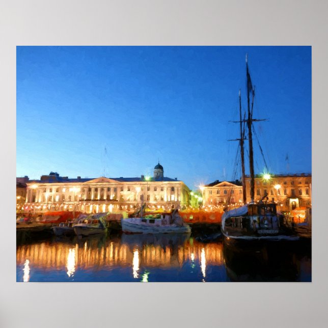 Boote am Helsinki Market Square im Abend Poster (Vorne)