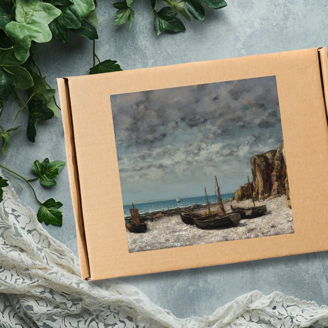 Boote am Strand, Étretat - Gustave Courbet Quadratischer Aufkleber (Von Creator hochgeladen)