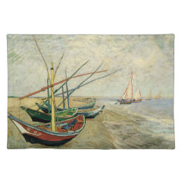 Boote am Strand von Saintes-Maries Stofftischset
