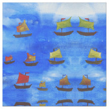 Boote Aquarell Blue Sea Combed Baumwollgewebe