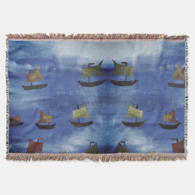 Boote Aquarell Blue Sea Throw Blanket Decke (Vorderseite)