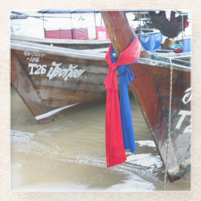 Boote auf den Phi-Phi-Inseln des Strand-|, Glasuntersetzer (Vorderseite)